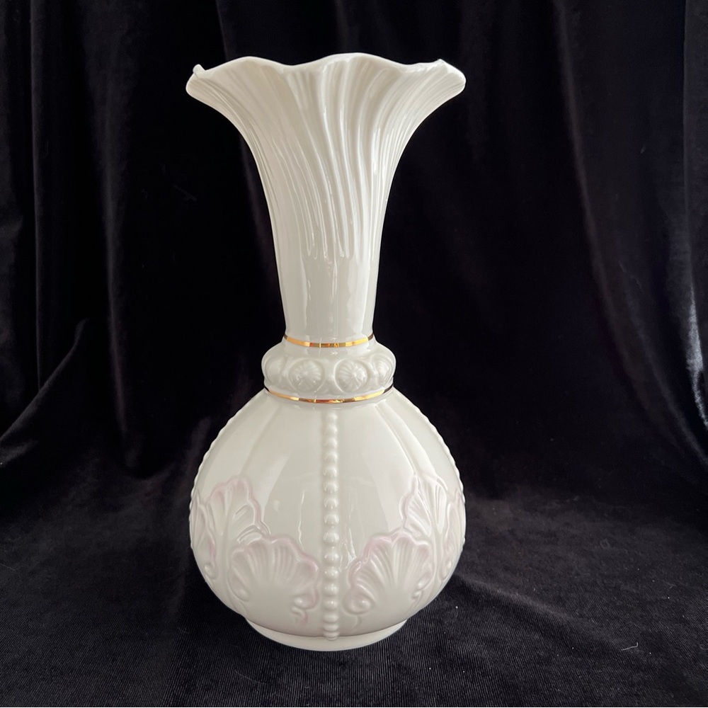 Belleek Event Vase With Pink And Gold Accents